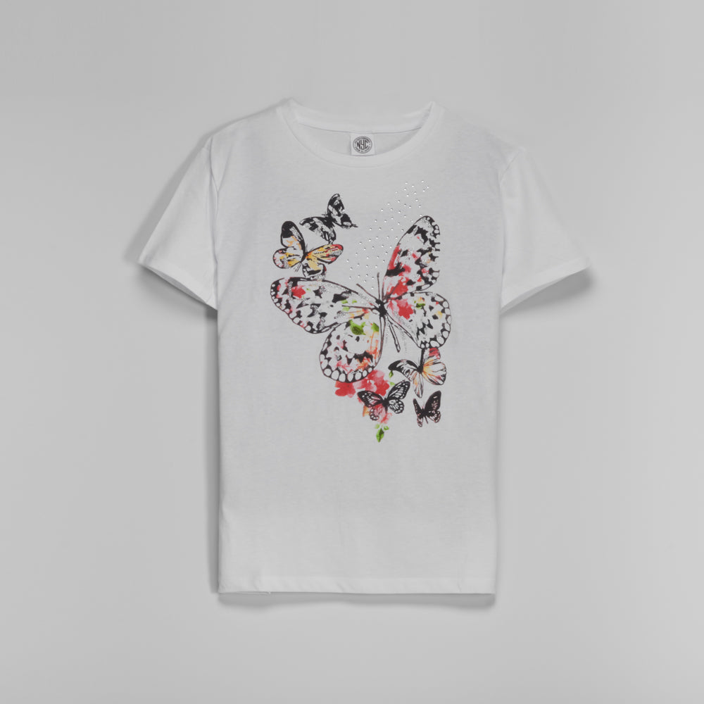 Camiseta manga corta mariposa y strass mujer