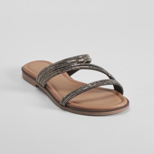 Sandalia plana tiras brillo negra PICCOLA PIU