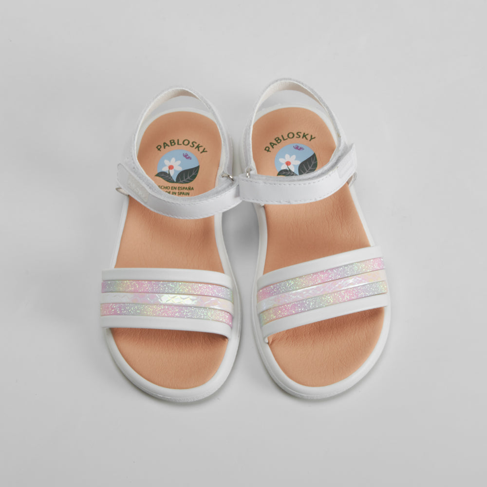 Sandalia piel blanca y tiras multicolor PABLOSKY
