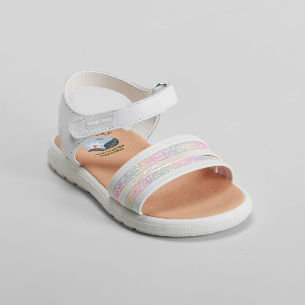 Sandalia piel blanca y tiras multicolor PABLOSKY