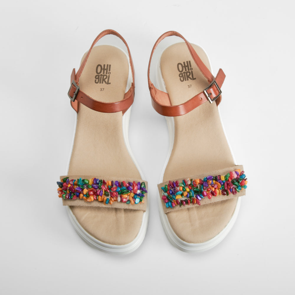 Sandalia cuña de piel abalorios multicolor OH GIRL