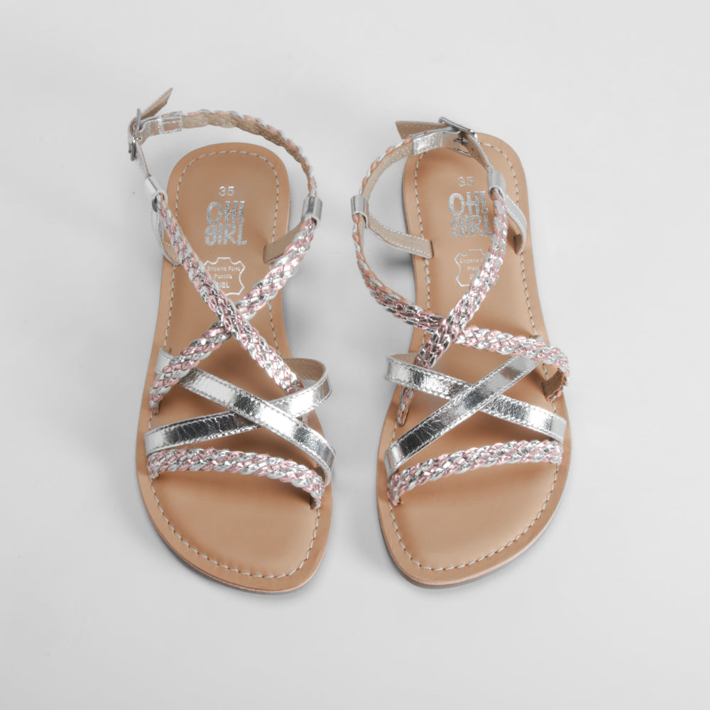 Sandalia de piel cruce trenzada plata OH GIRL