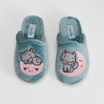 Zapatilla casa azul gatos ilustrada OLYNE