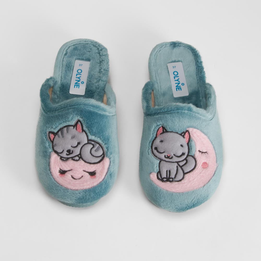 Zapatilla casa azul gatos ilustrada OLYNE