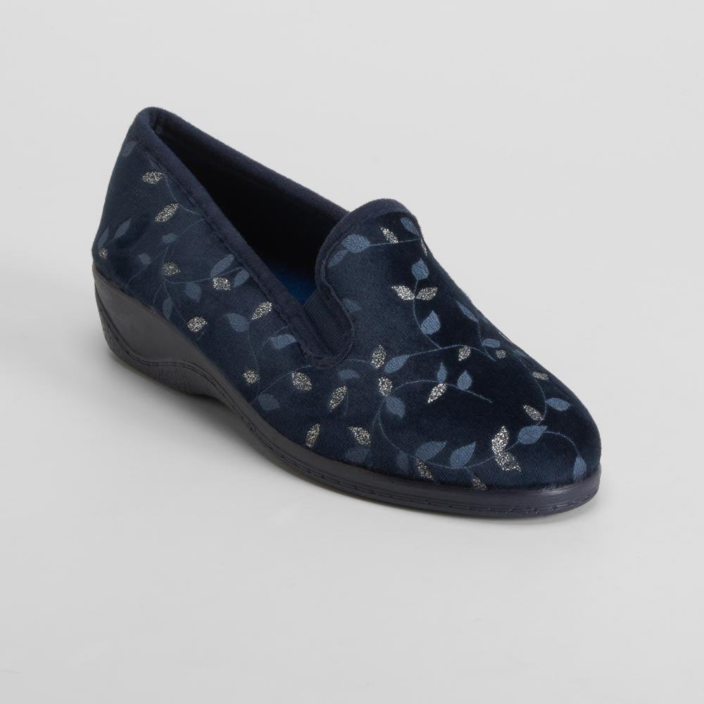 Zapatilla casa cerrada cuña azul print hojas OLYNE