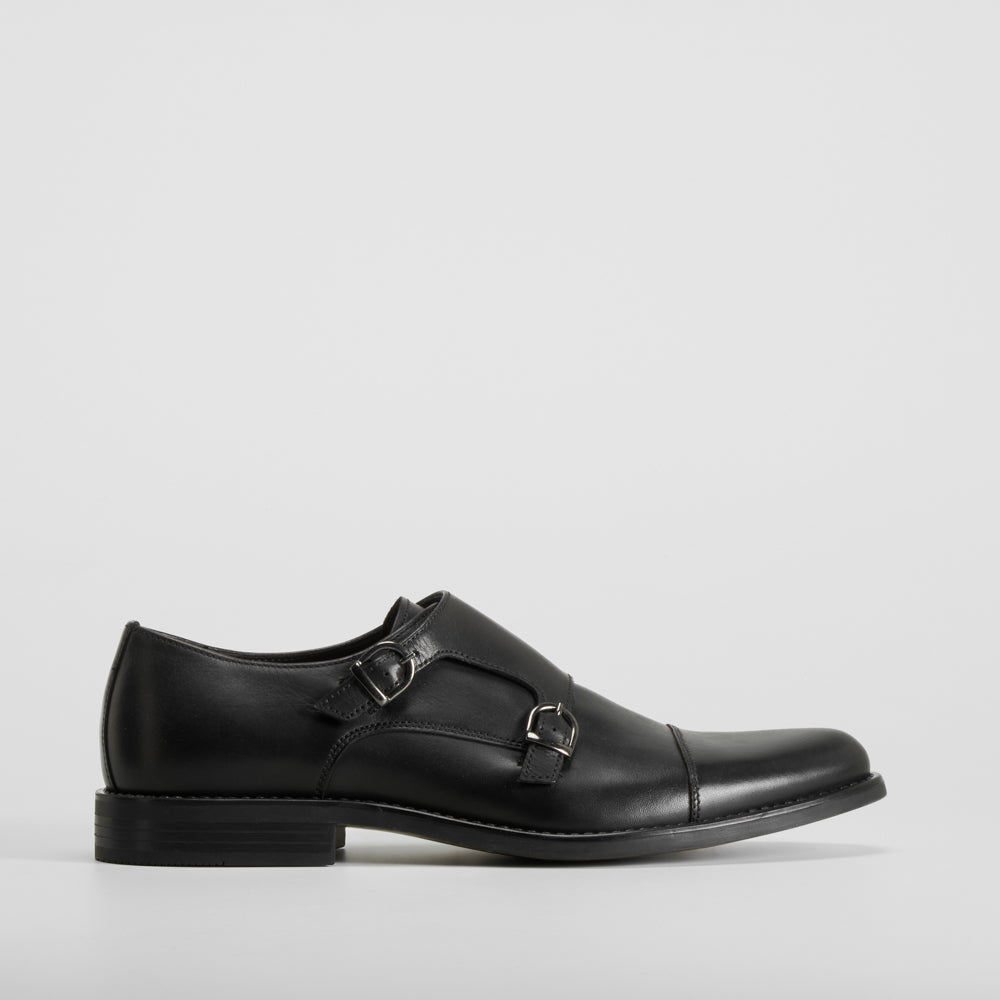 Zapato de piel negro elegante doble hebilla FOSCO