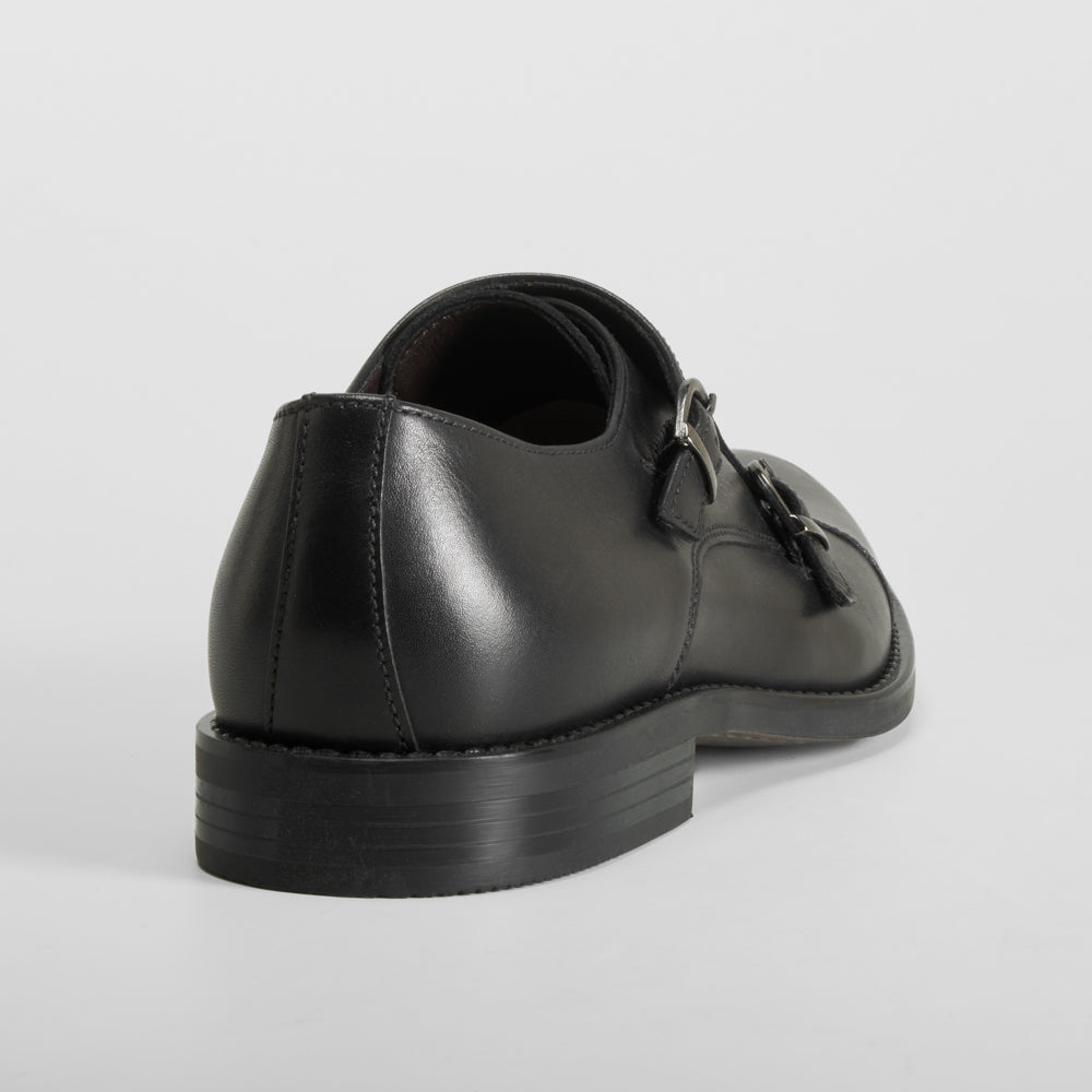 Zapato de piel negro elegante doble hebilla FOSCO