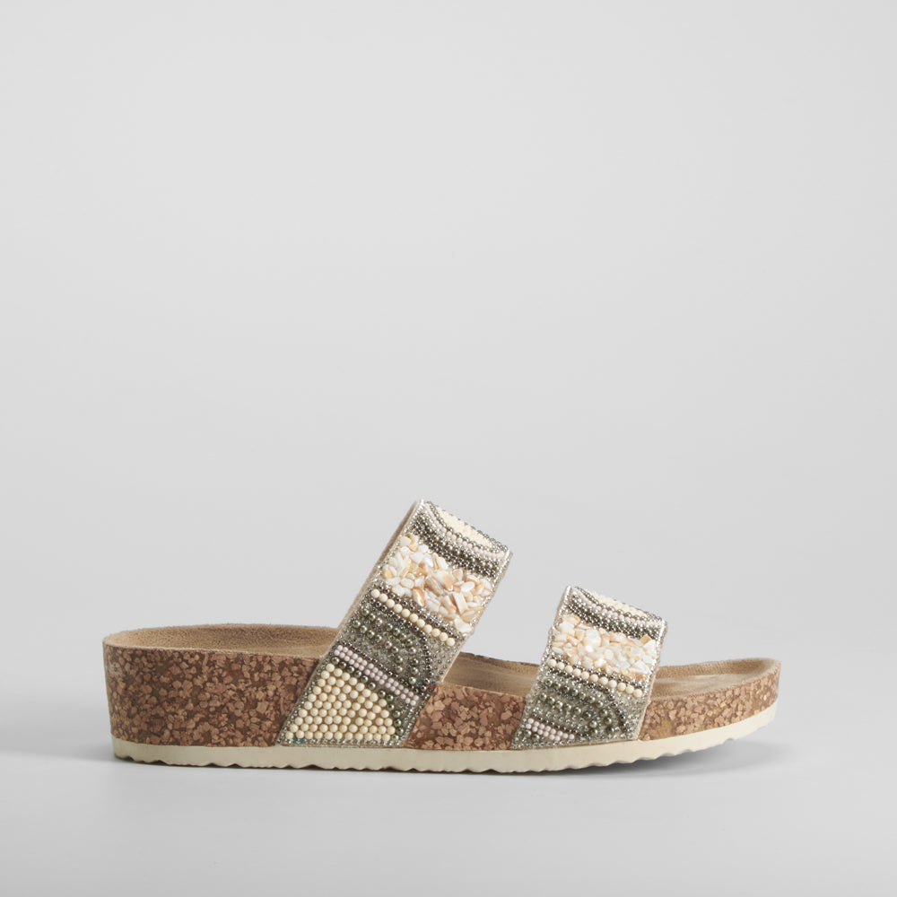 Sandalia bio cuña tiras brillantes beige COMFEET