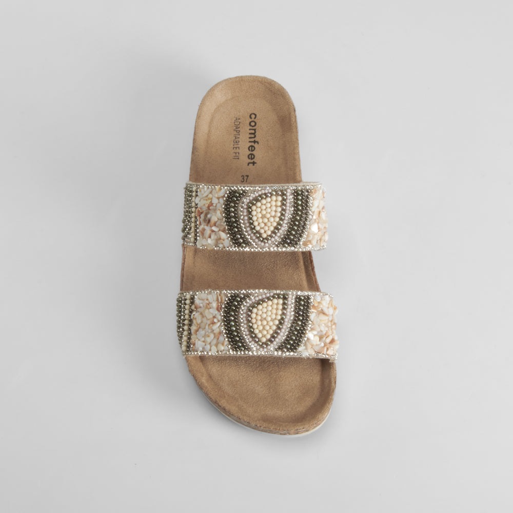 Sandalia bio cuña tiras brillantes beige COMFEET