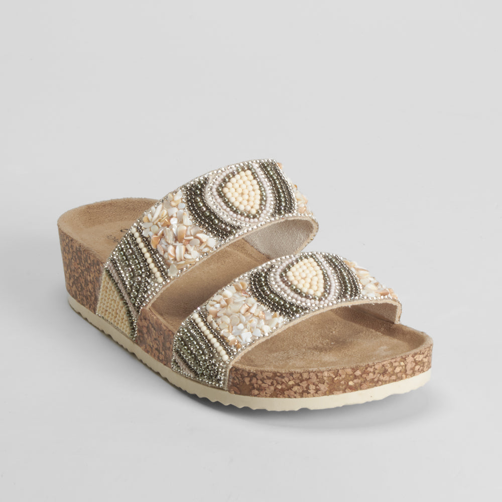 Sandalia bio cuña tiras brillantes beige COMFEET