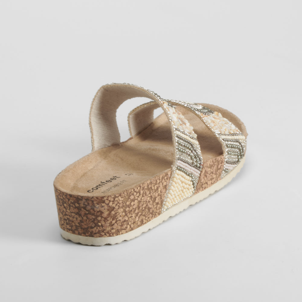 Sandalia bio cuña tiras brillantes beige COMFEET