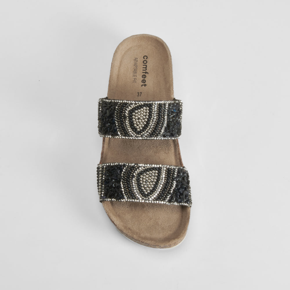 Sandalia bio cuña tiras brillantes negra COMFEET