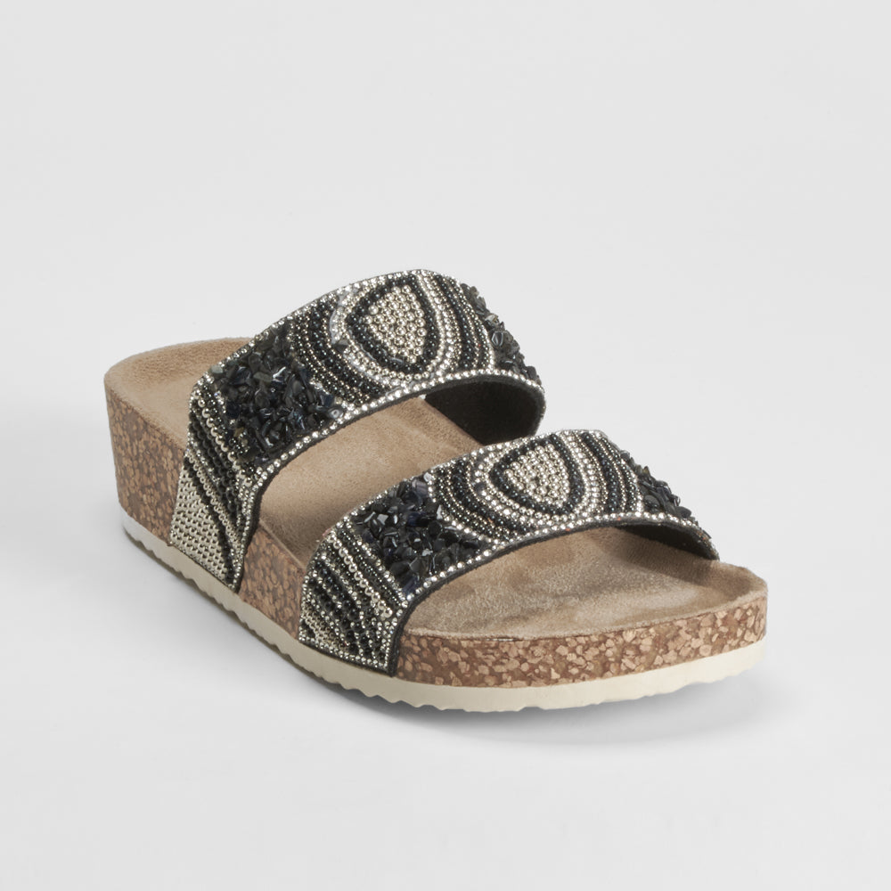 Sandalia bio cuña tiras brillantes negra COMFEET