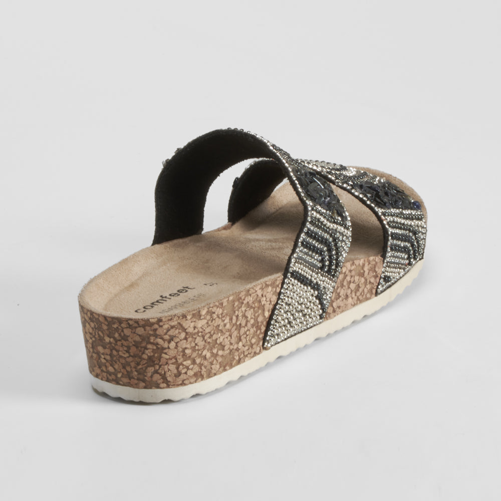 Sandalia bio cuña tiras brillantes negra COMFEET