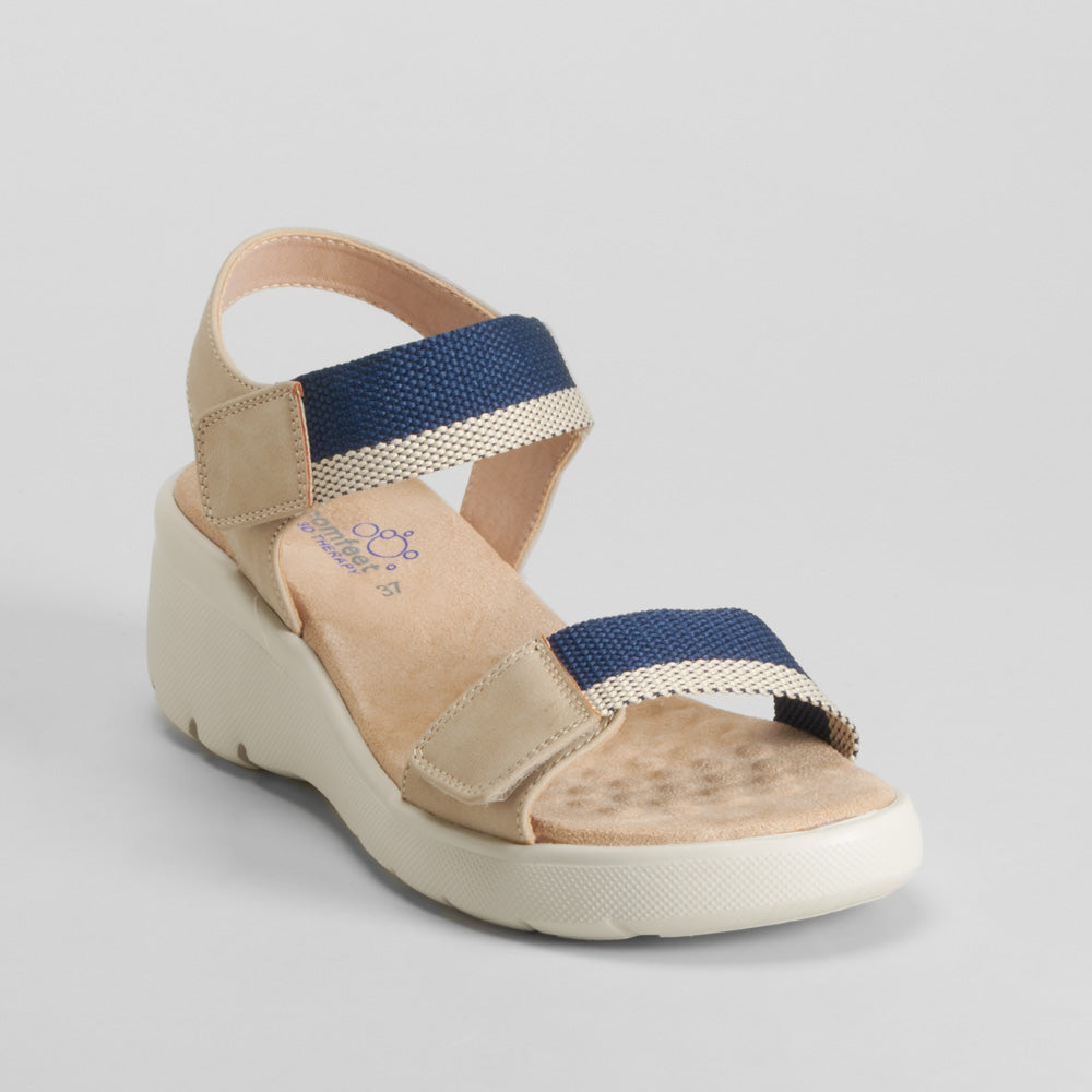 Sandalia cuña cinta bicolor azul COMFEET