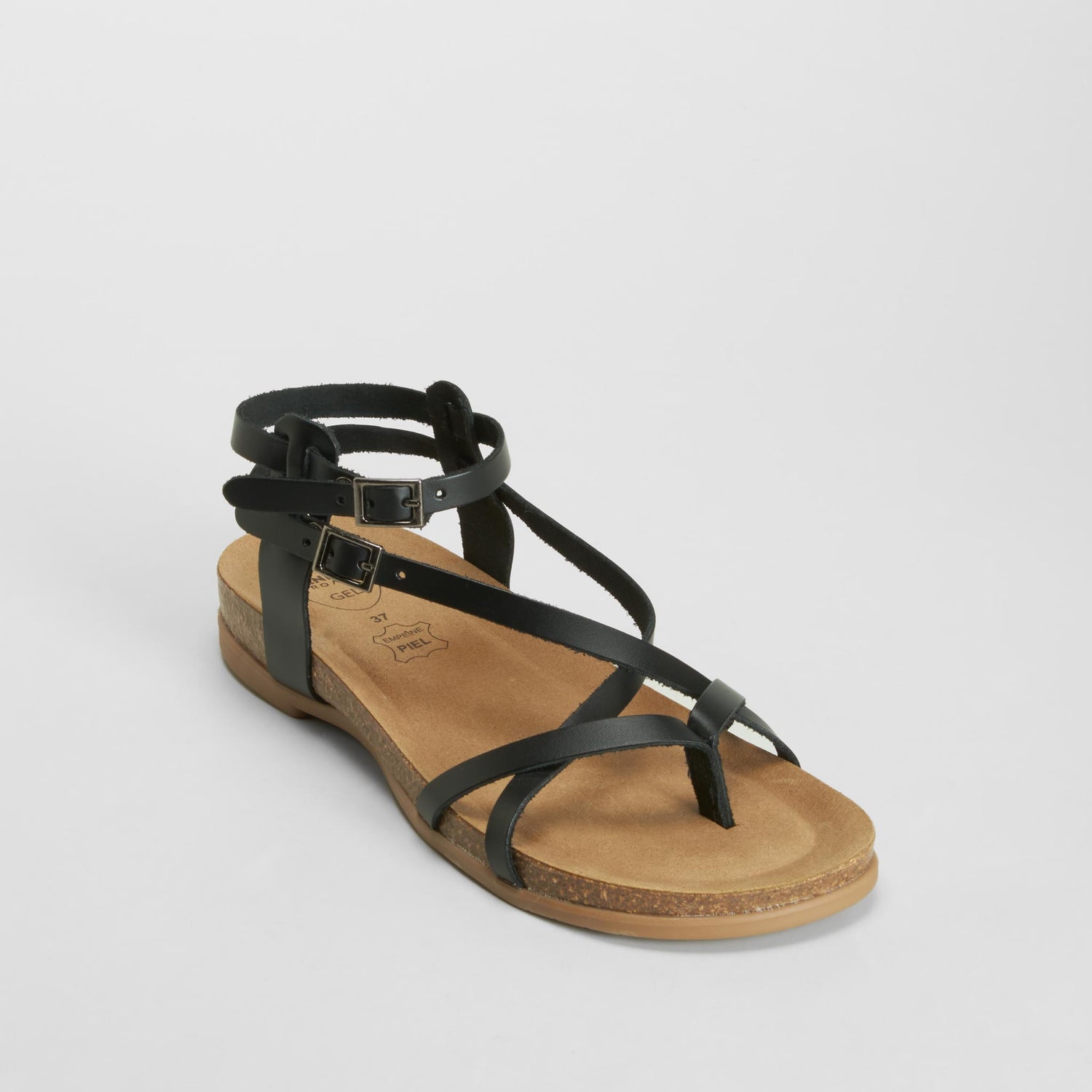 Sandalia plana tiras piel negra SENDA ROAD