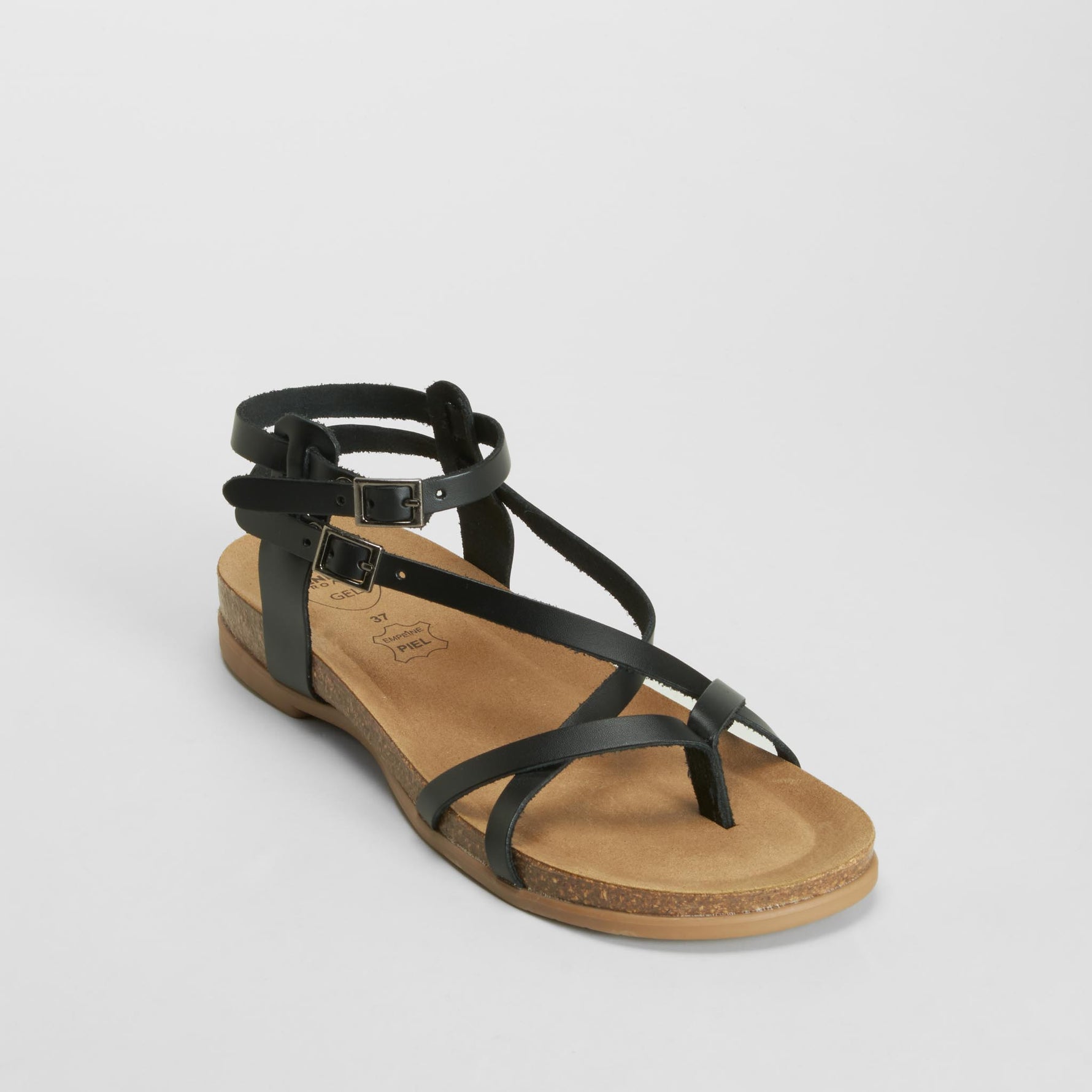 Sandalia plana tiras piel negra SENDA ROAD