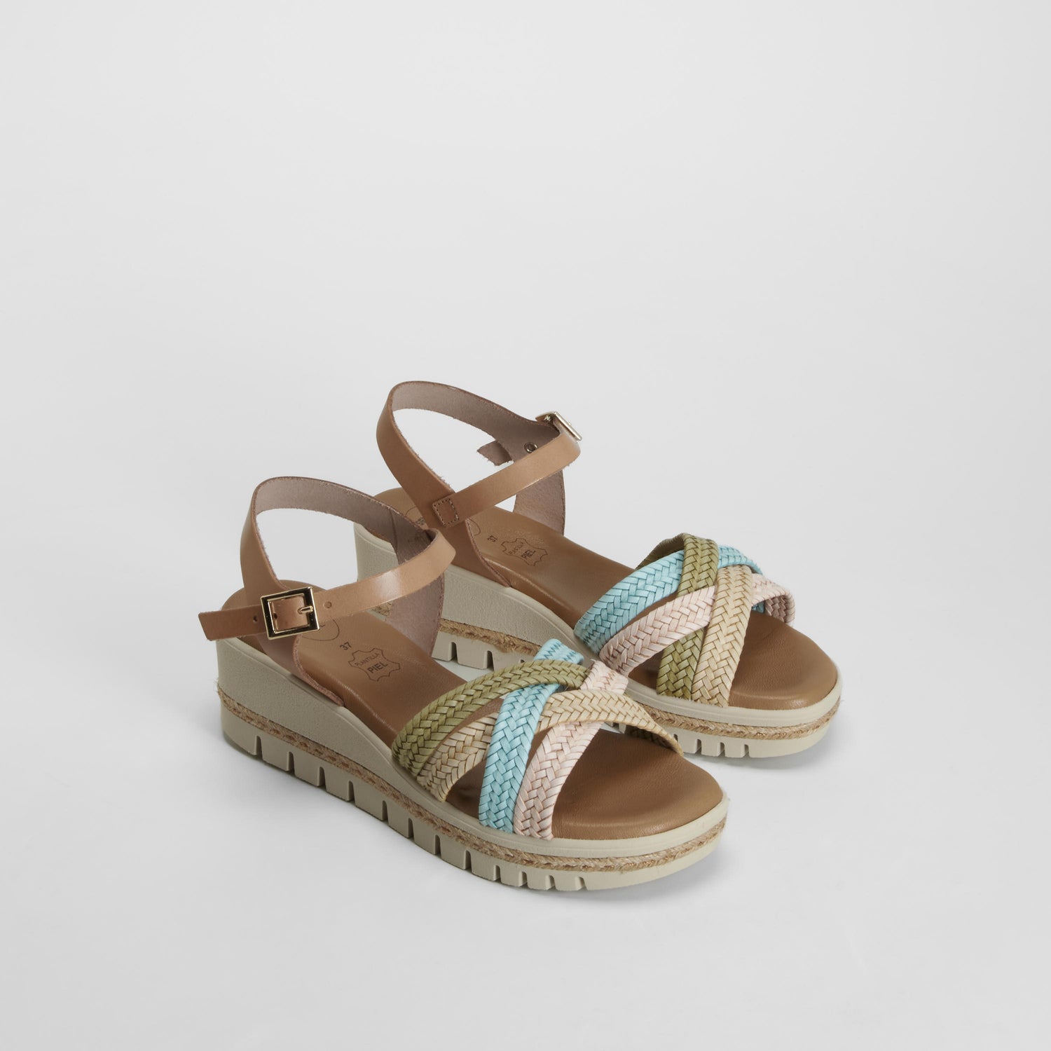 Sandalia cuña rafia piel multicolor SENDA ROAD