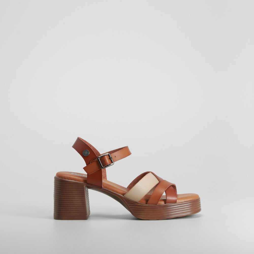 Sandalia tacón piel tiras cruzadas marrón REFRESH