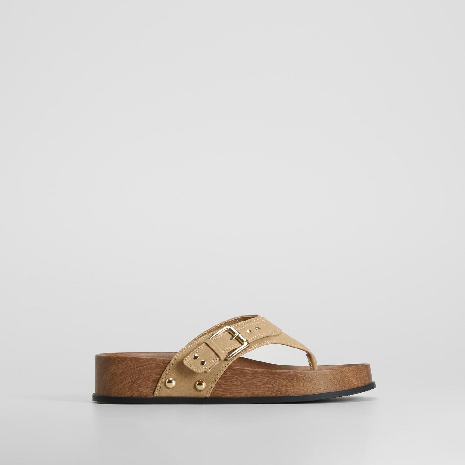 Sandalia esclava hebilla dorada beige NYC