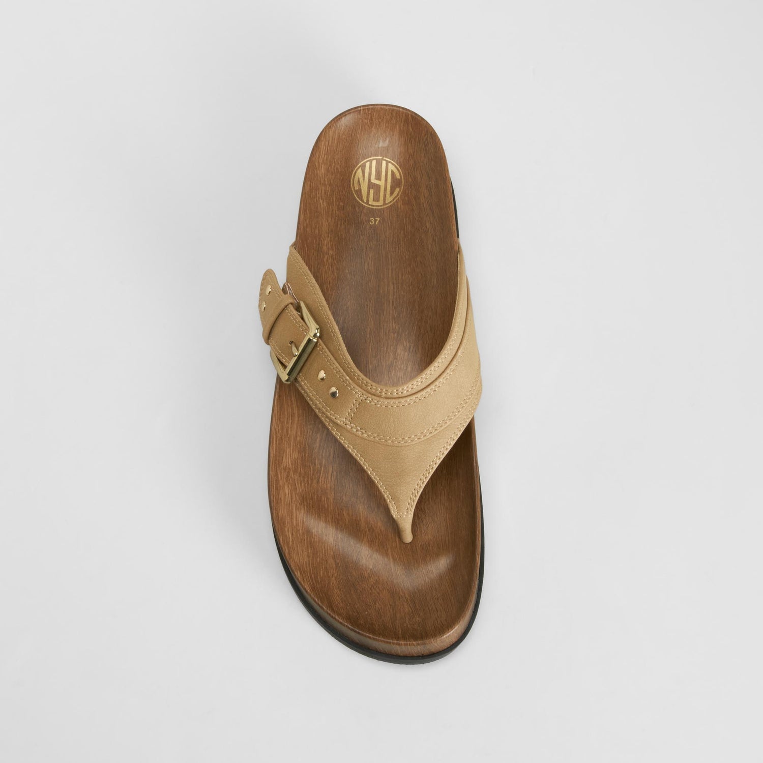 Sandalia esclava hebilla dorada beige NYC