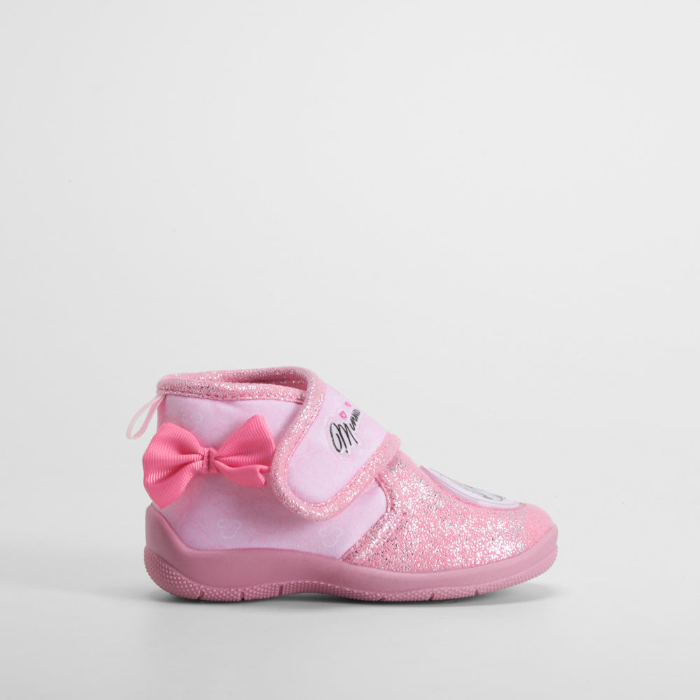 Zapatilla de casa velcro y lazo bebé rosa MINNIE