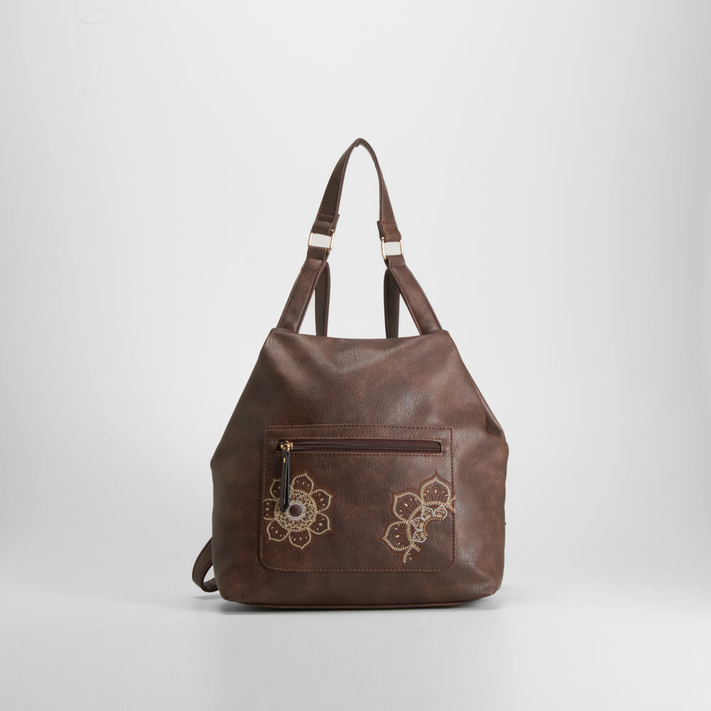 Bolso backpack marrón bordado floral SENDA ROAD