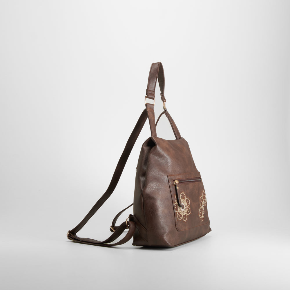 Bolso backpack marrón bordado floral SENDA ROAD