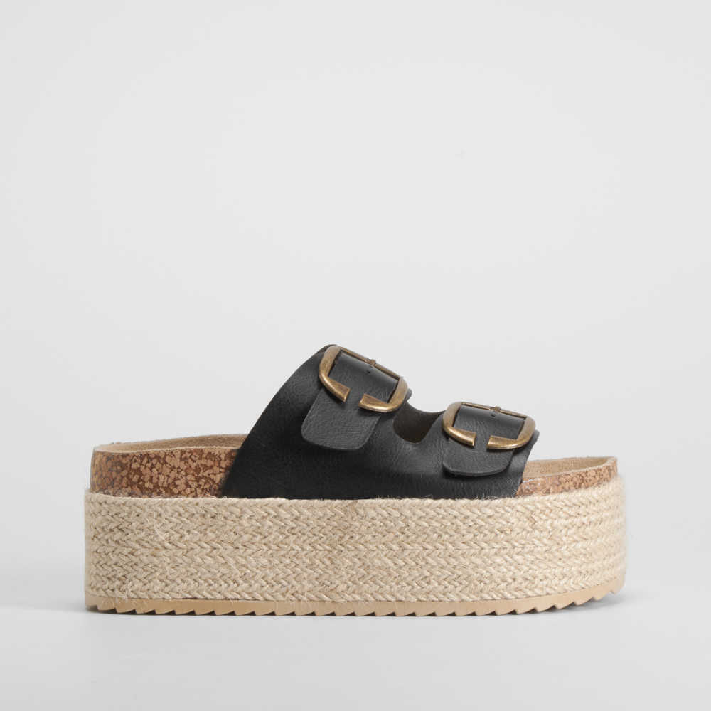 Sandalia bio plataforma dos hebillas negra NYC - Talla: 41
