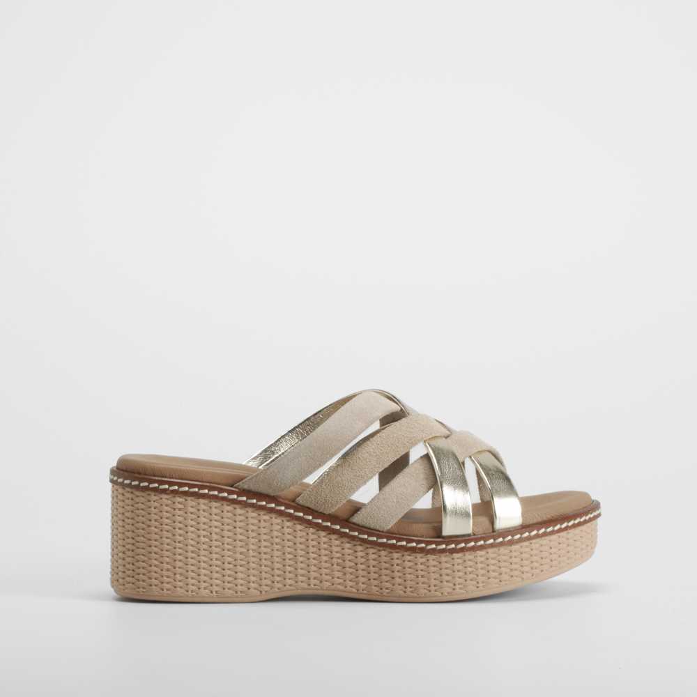 Sandalia de cuña de piel tiras beige FOSCO - Talla: 38