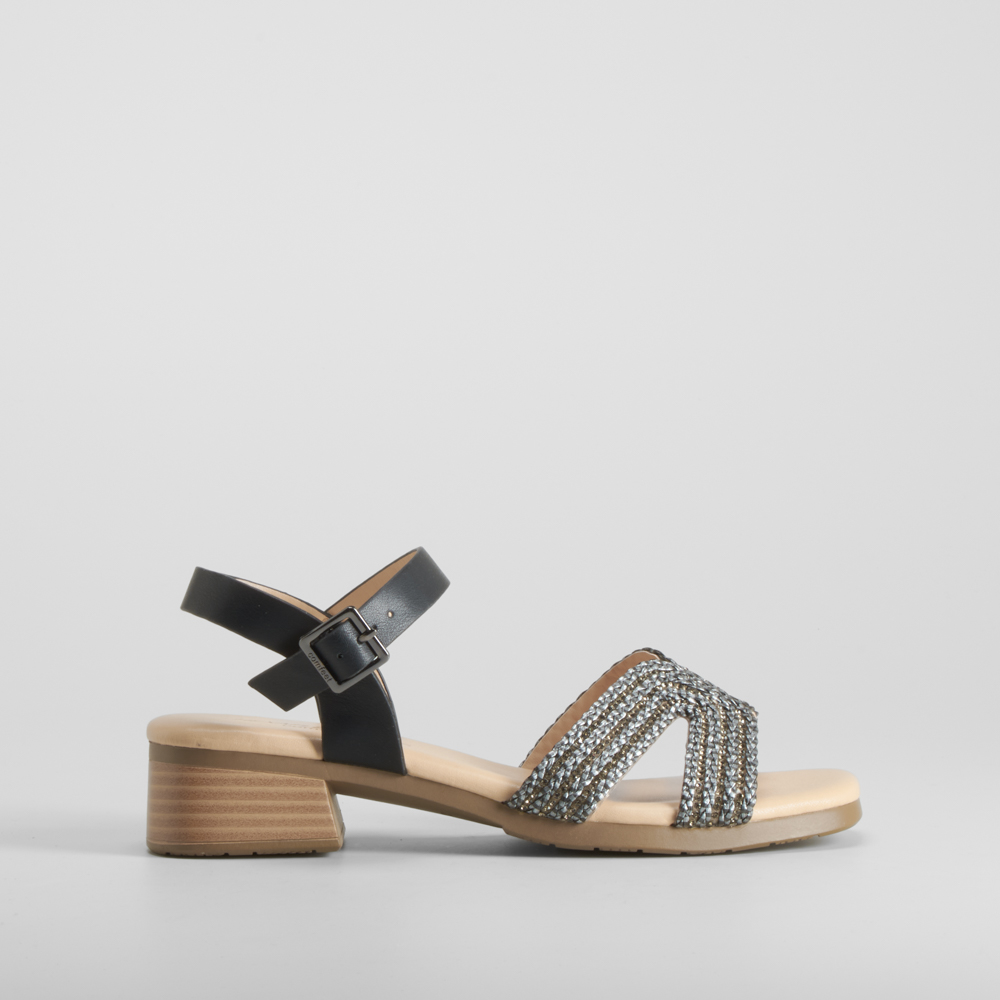 Sandalia tacón bajo con brillos negro COMFEET - Talla: 36