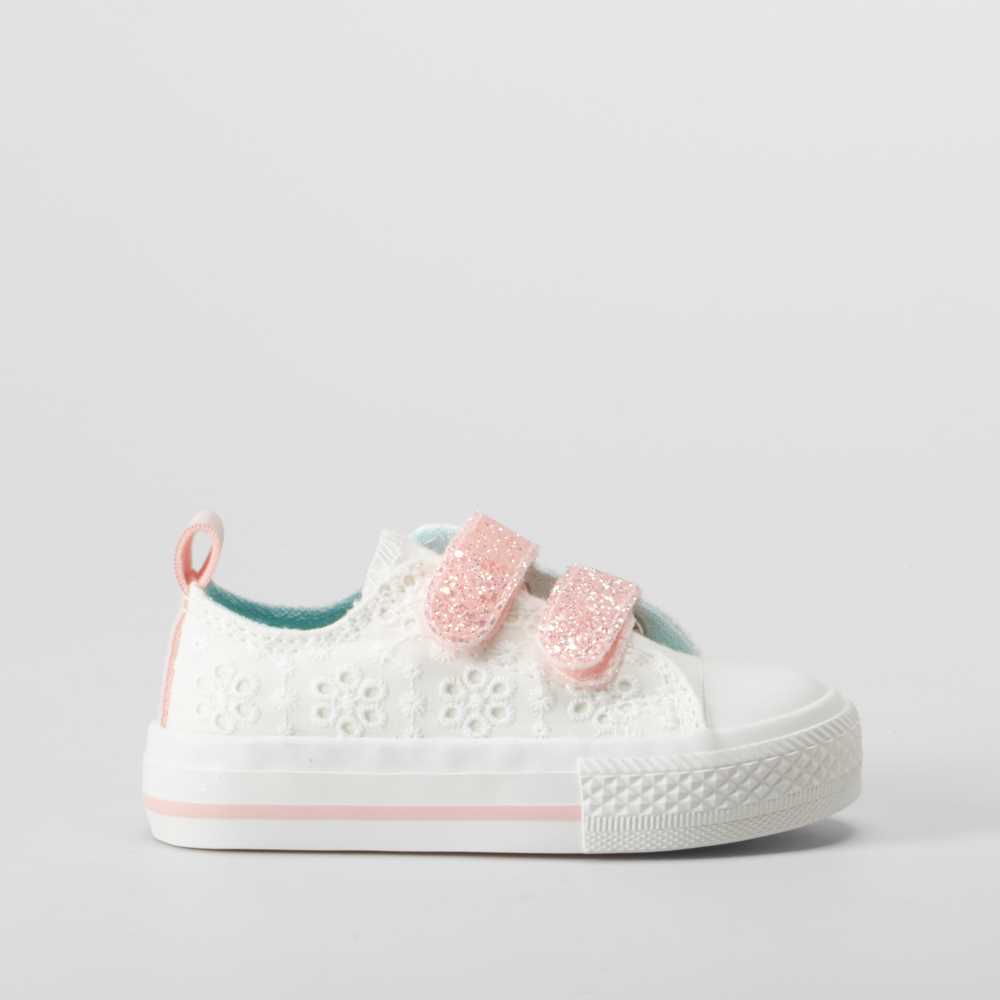 Zapatilla lona bordada blanca y rosa BACHE - Talla: 25